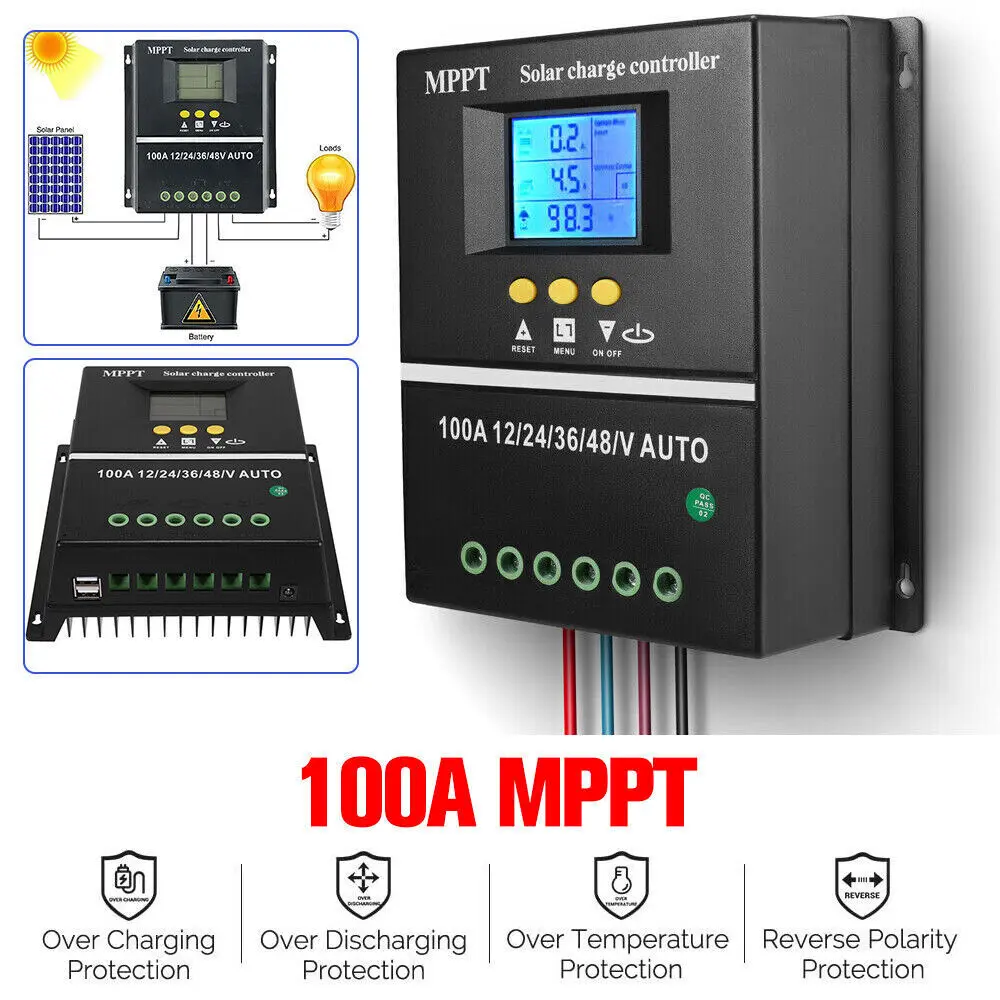 MPPT Solar Charge Controller 100A, 12V-48V Auto-Voltage, 100V Max Input, LCD Display, Intelligent Battery Regulator with Dual USB Port for Lead-Acid & Lithium Batteries