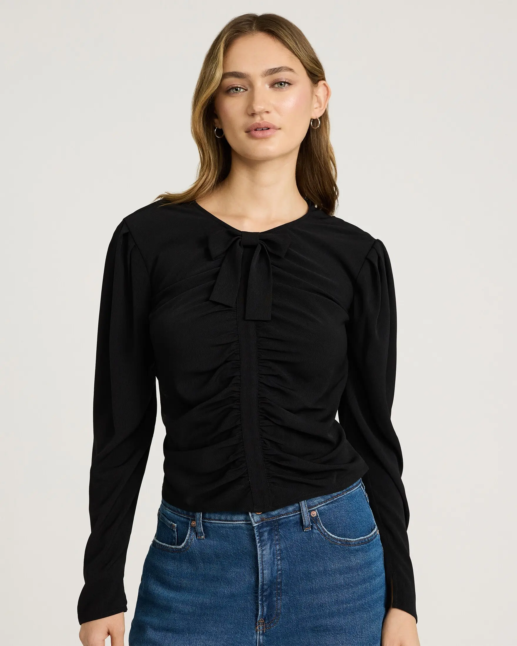 Express Puff Sleeve Bow Front Ruched Top, Polyester, Feminine, Blouse, Button