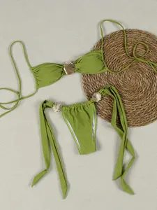 Tropical Olive Green Shell Metal Decor Halter Bikini Adjustable Tie Straps Beach Bathing Suit