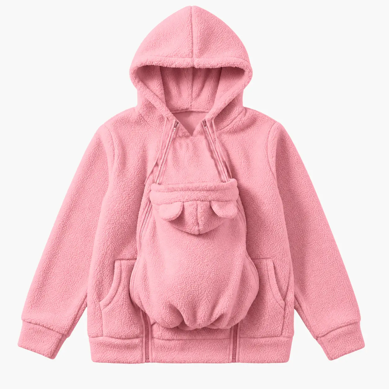 Women’s Sherpa Fleece Baby Pouch Hoodie, Cozy Zip-Up Kangaroo Jacket with Built-In Front Pouch, Double Zippers & Pockets