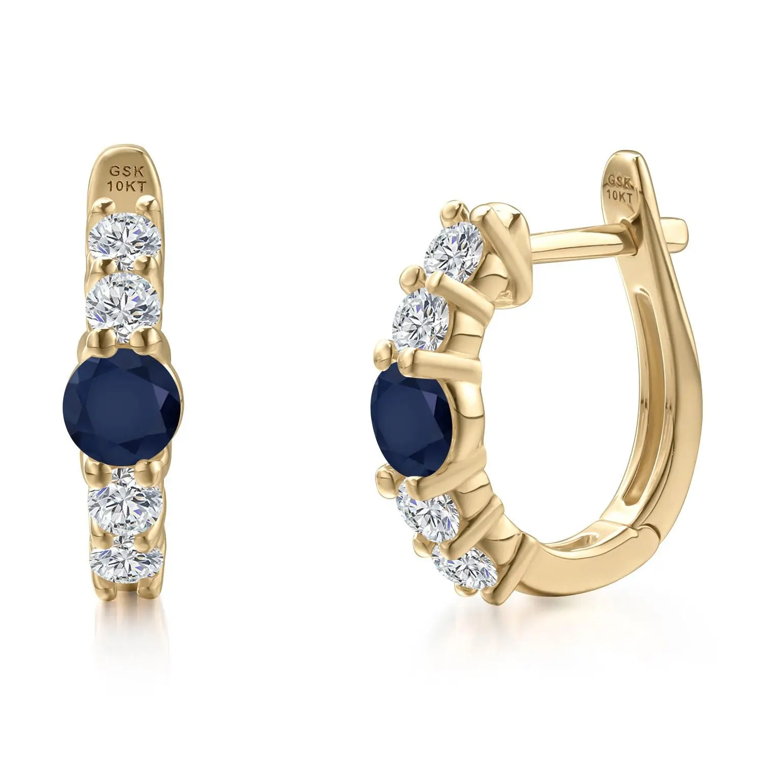 10K Yellow Gold Blue Sapphire and Lab Grown Diamond Hoop Earrings for Women | 1.22 Cttw | Gemstone September Birthstone | Round 4MM