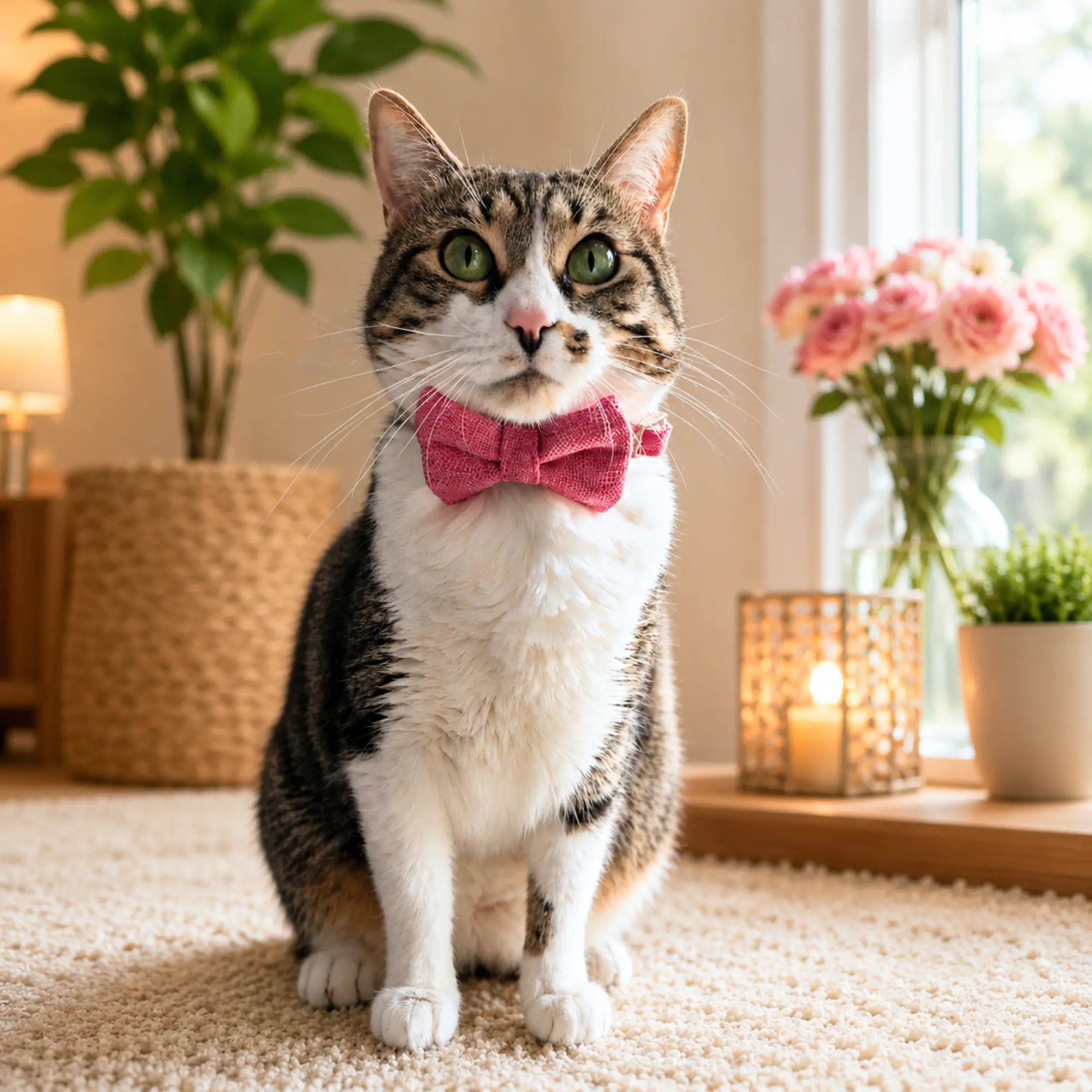 Kiokatt Pink Hemp Cotton Bowtie Cat Collar - Detachable, Adjustable Soft Padded, Odor-Resistant, Adult Size, General Purpose Cat Collars & Leads Accessory