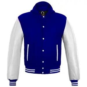 Deckra Lady's Long-Sleeve Wool-Leather Baseball Letterman Varsity Hoodie - Navy Blue/White Polyester Embroidery Top, Casual Outerwear Jacket with Pockets, Buttons, College-Style Clothes
