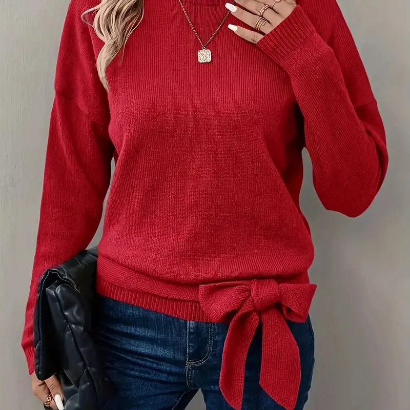 Women's Plain Bow Decor Drop Shoulder Basic Sweater, Elegant Long Sleeve Round Neck Jumper for Fall & Winter, Fashion Women's Knitwear for Daily Wear Tops