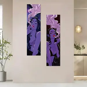 Purple Aesthetic Stylish Bold Feminine Illustrations Abstract Face Design Wall Art, 2 Counts/set Vertical Tapestry, Hanging Decor for Bedroom Living Room, Poster