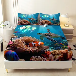 3pcs Clownfish Fitted Sheet Set All Seasons Decorative Mattress Cover Animal Mattress Protector Boho Bedding Set Bedroom Decor for Home Guest Room Decor 1 Fitted Sheet+2 Pillowcases Without Core