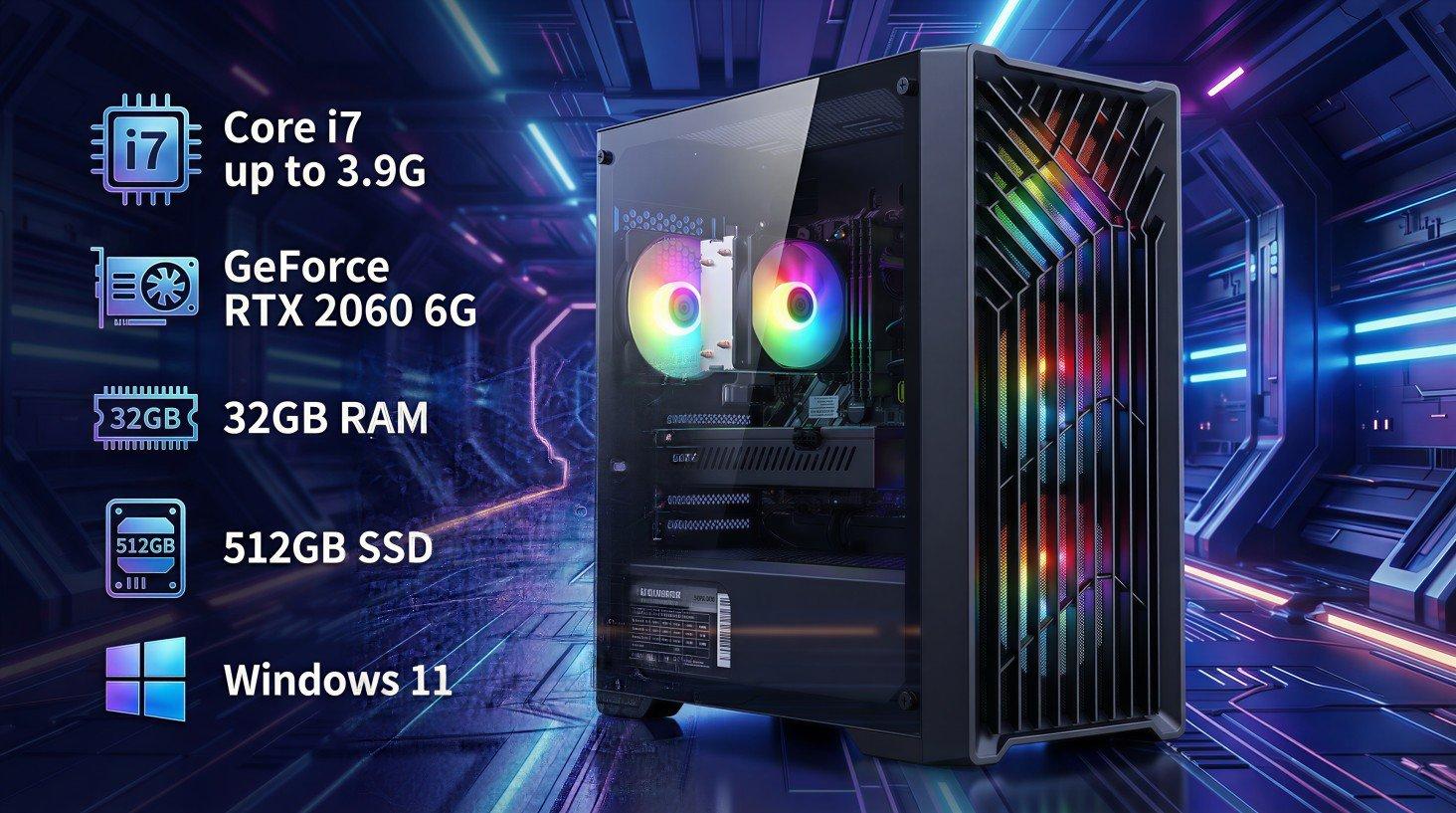 STGAubron Gaming PC Desktop Computer, Intel Core i7 up to 3.9G, GeForce RTX 2060 6G, 32GB RAM, 512GB SSD, WiFi 6, BT 5.0, RGB Fan x 4, Windows 11 Home STGAubron Gaming PC Desktop Computer, Intel Core i7 up to 3.9G, GeForce RTX 2060 6G, 32GB RAM, 512GB SSD, WiFi 6, BT 5.0, RGB Fan x 4, Windows 11 Home