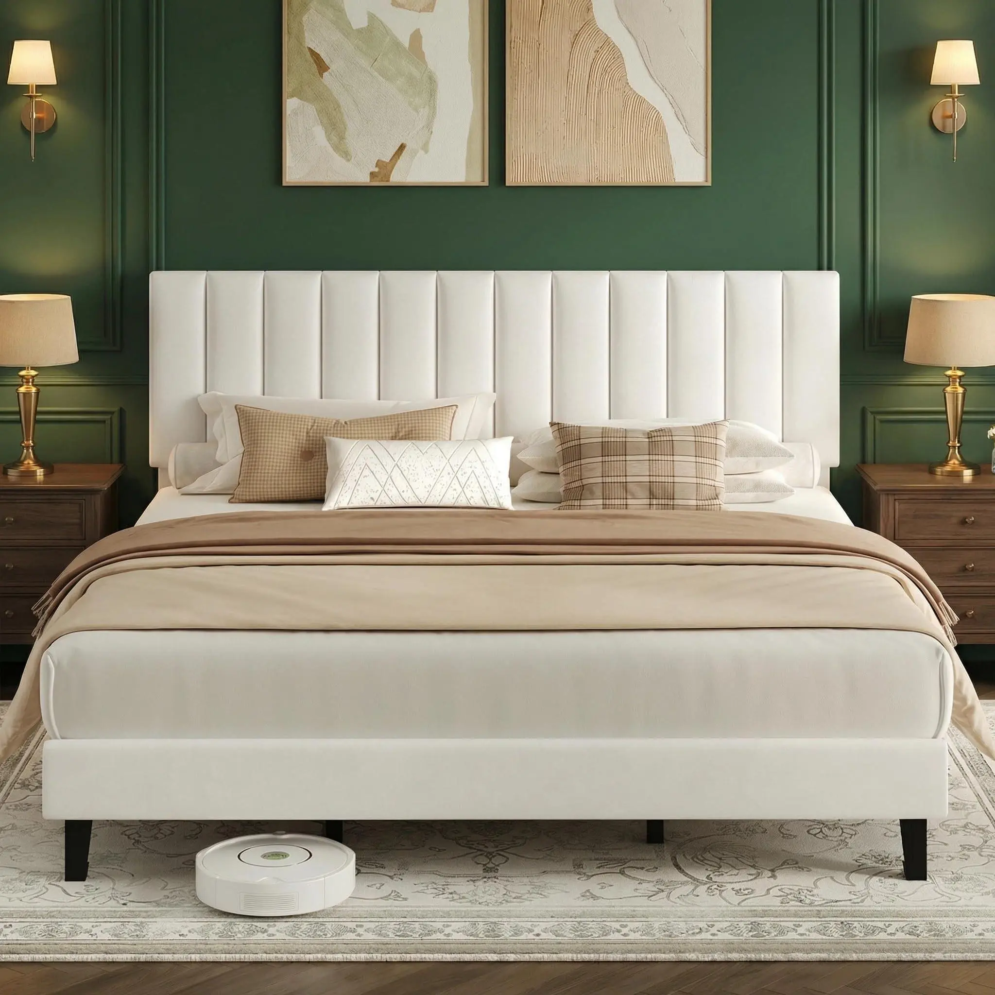 Gaomon Minimalist King Size Velvet Upholstered Adjustable Platform Bed Frame with Adjustable Vertical Channel Tufted Headboard, 1000 lbs Weight Capacity, Silent Sleep, No Box Spring Needed, Simple Easy Assembly, White