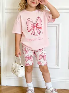 2Pcs Girls Cartoon Graphic Outfit Cute Sets Short Sleeve Bow Printing T-Shirt Top and Elastic Biker Shorts Set Kids Summer Outfits Set