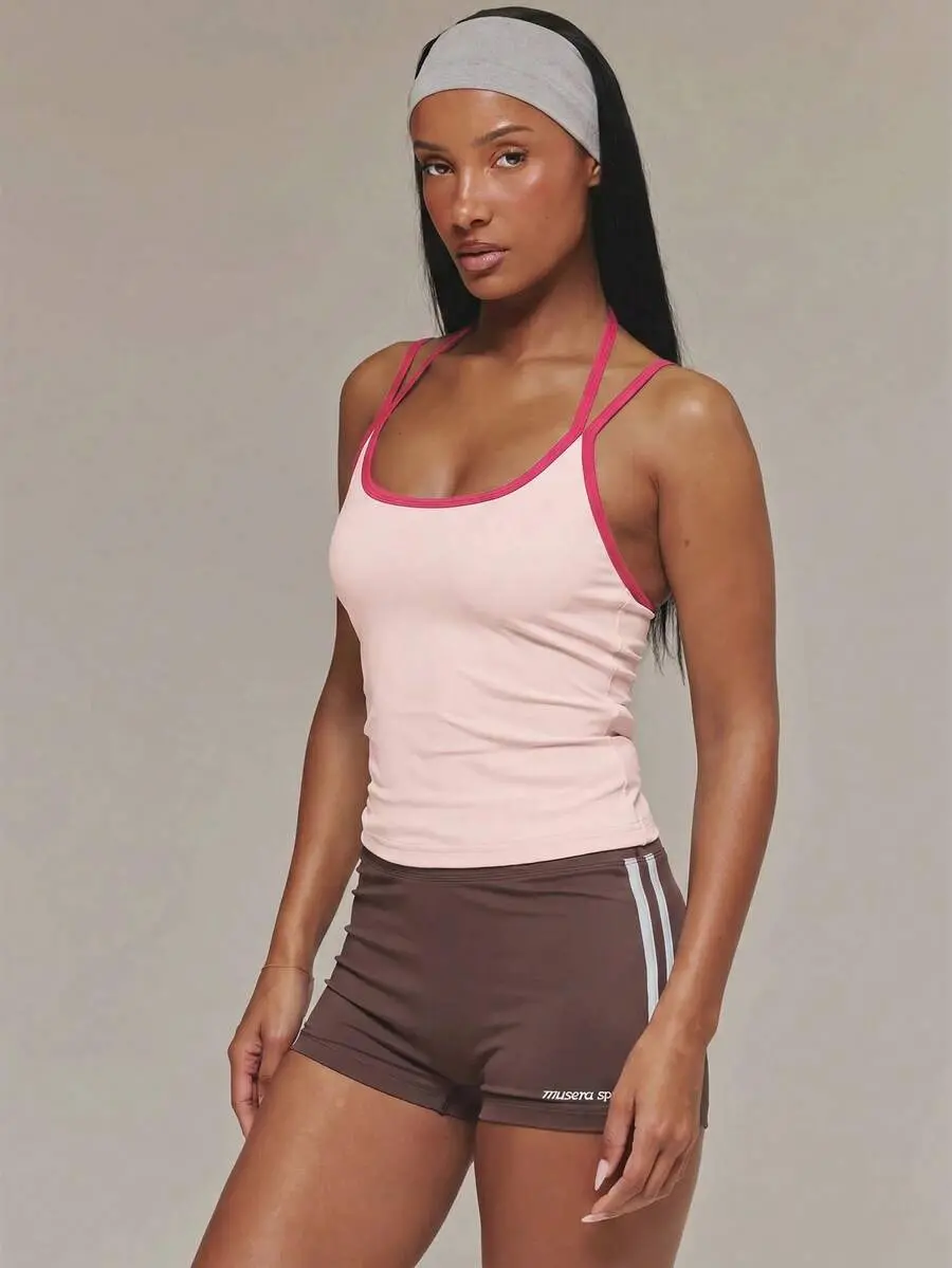 NOVRAA Sport Contrast Double Strap Active Cami Top Sports Workout Gym Pilates Fitness Daily Casual
