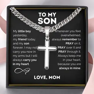 To My Son Cross Necklace for Boys| 14K Gold Plated Cuban Link Chain Cross Pendant Necklace with Message Card & Gift Box