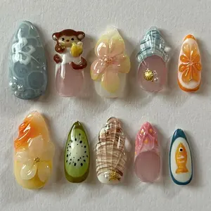 swish.nails Tropical Monkey Island Press-On Nails, 3D Monkey With Banana, Hibiscus Flowers, Seashell & Fish Charms, Beachy Blue Tones, Kiwi & Sunset Orange Art, Custom Handmade, Summer Vacation Mood, Beach Getaway Nails, Animal Lover Gift