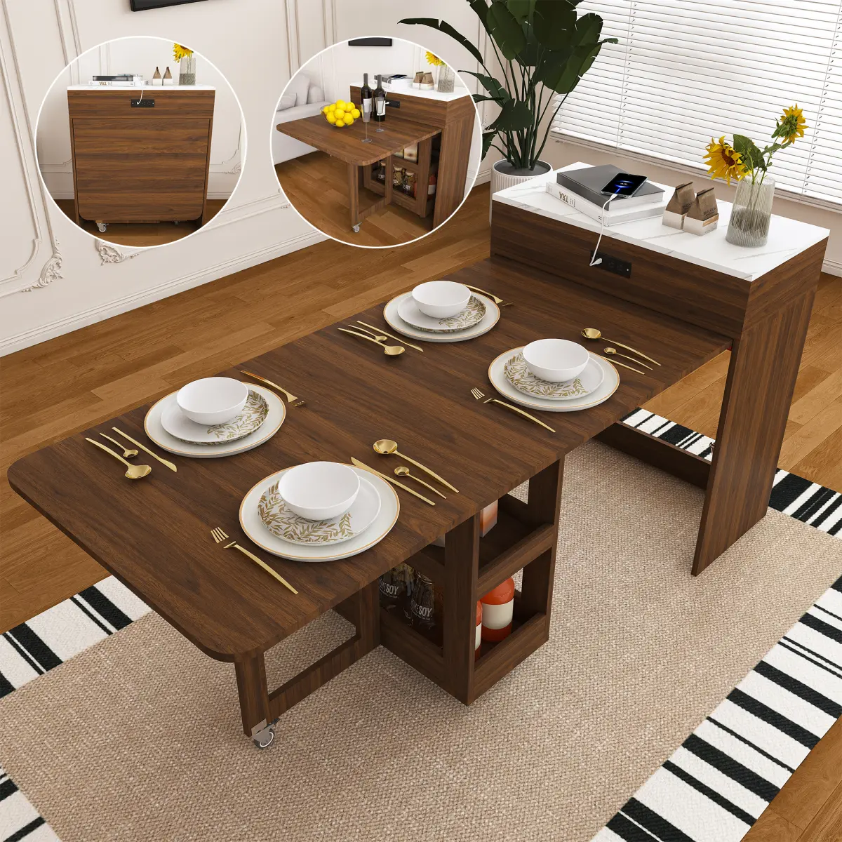 74-in Adjustable Space-Saving Fold Dining Table (Walnut) - Imitation Marble Surface, Power Socket, Lockable Casters, Small Space Storage Cabinet, Pull-Out Tabletop Kitchen Island, Durable for Dining Room, Assembly Required