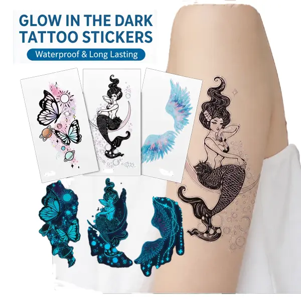 10PCS Glow in The Dark Temporary Tattoos for Women, Blue Luminous Butterfly Mermaid Wing Tattoo Stickers, Waterproof Long Lasting Noctilucent Body Art Tattoos, Fake Tattoo Decor for Party Beach Festival