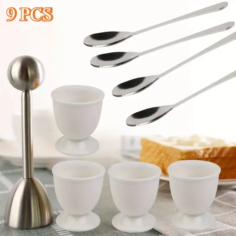 9pcs Egg Cups, Includes 1 Egg Cutter 4 Ceramic Egg Cups and 4 Spoons for Regular Daily Diet Serving, Condiment Serving Tray Stuffed Reusable Easy to Clean Kitchen Tools ﻿,summerwins