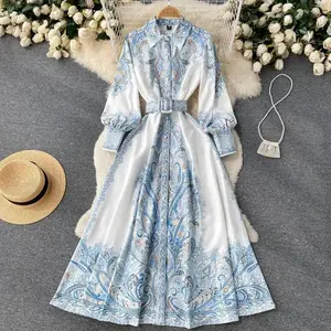 Women's Floral Chiffon Midi Dress Puff Long Sleeve Mock Neck Summer Wedding Guest Party Dresses Fall 2025 Outfits 100% Polyester