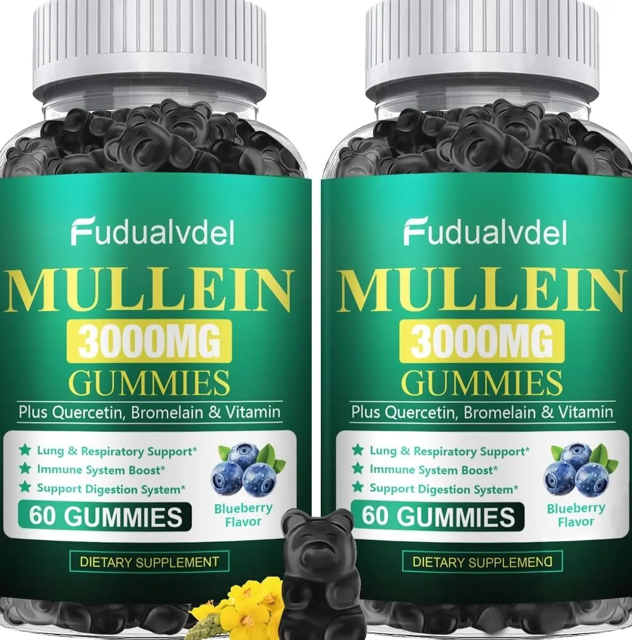 3000mg Organic Mullein Gummies - Contains Mullein Leaf Extract, Supplement Breathing with Quercetin and Bromelain, Immune Support, 120 Cts