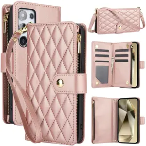 Leather crossbody card zipper bag+wrist strap+long shoulder strap shock-absorbing phone case Samsung Galaxy S26 S25 S24Ultra S23Ultra S22Ultra S24Plus S23Plus S22Plus Xiaoxiang style diamond grid pattern multi slot protective case Valentine's Day and New