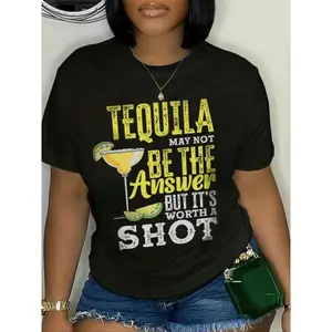 Women's "Tequila Is Worth a Shot" Slogan Print Round Neck Tee, Graphic Tees, Fashion Casual Crew Neck Short Sleeve T-shirt for Daily Holiday Vacation Outdoor Wear, Ladies Clothes for All Seasons
