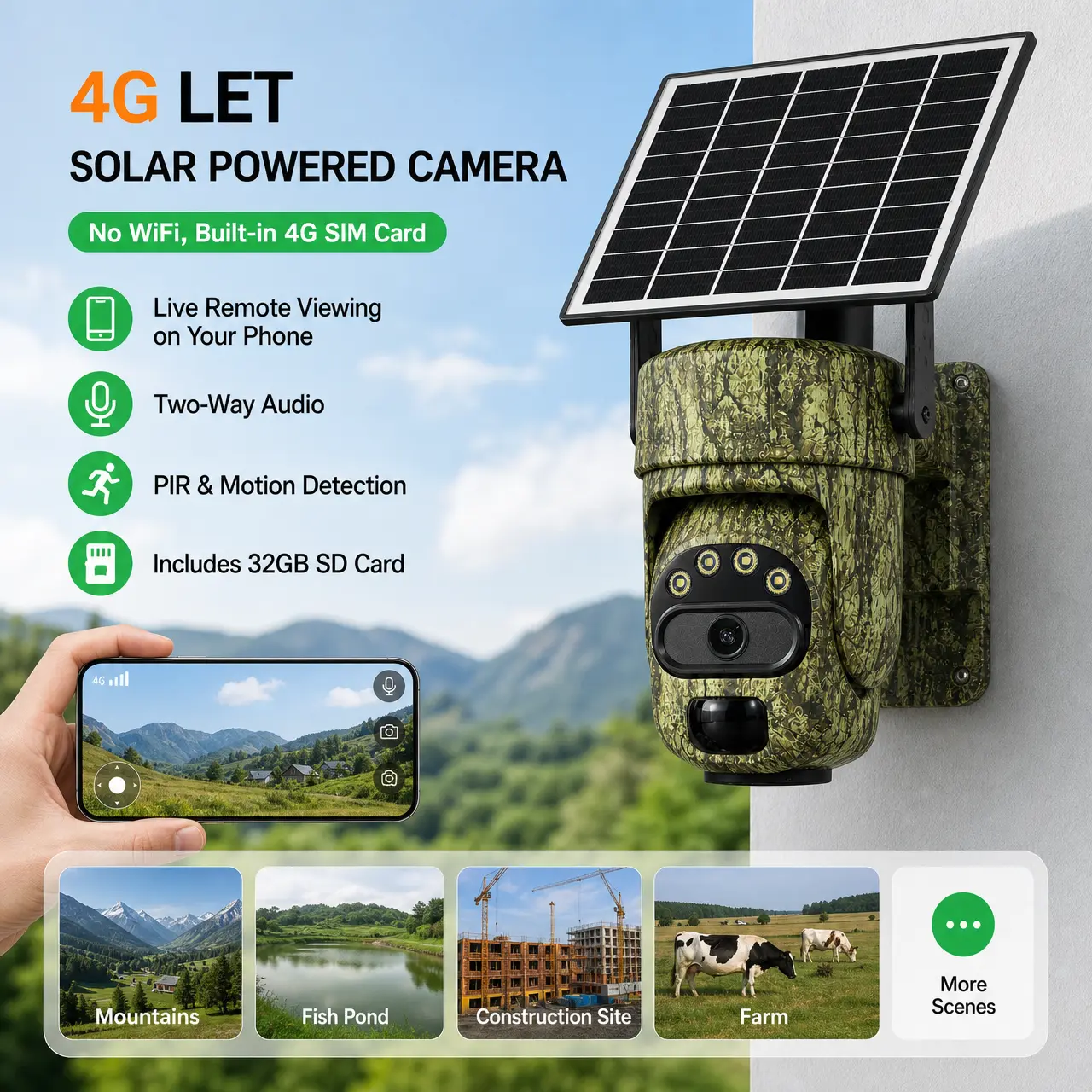 4G solar-powered concealed security camera, 4MP high‑definition color night vision, built‑in SIM card, no WiFi required, outdoor camera for farms/homes, IP66 waterproof rating, activates 4G LTE data service via lens card, digital product