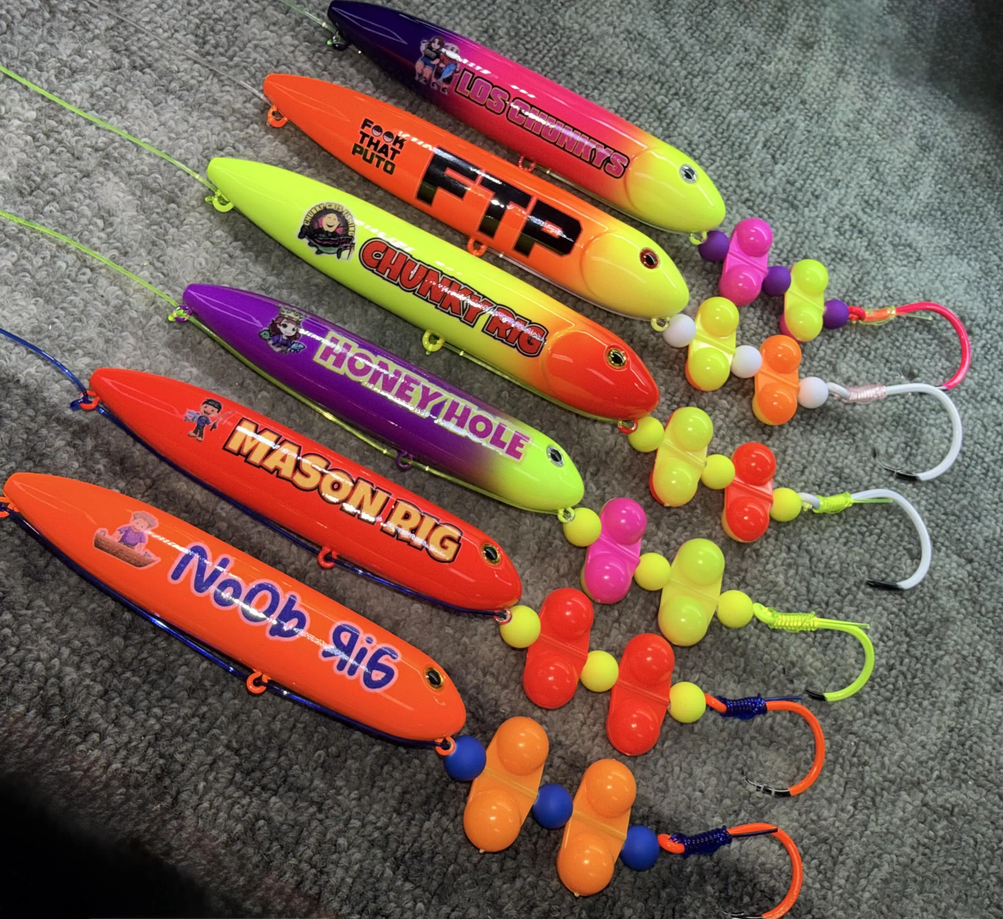Chepito's Six Pack: Los Chunkys 13cm, FTP 13cm, Noob 11cm, Mason 11cm, Chunky 13cm, & Honey Hole 11cm on 4/0 and 8/0 hooks on 100 pound mono leader lines