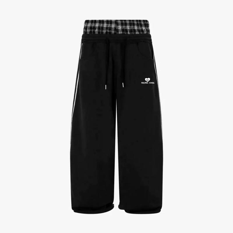 Hip-Hop Style Wide-Leg Plaid Patchwork Sweatpants Super Loose Casual Sweatpants Side Three Stripes Wide-Leg Straight-Leg Pants Street Fashion Sweatpants