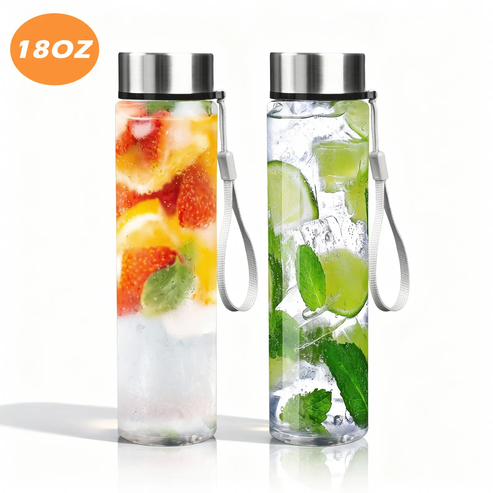 2-Pack 18oz Reusable PET Water Bottles with Lids, Leakproof Juice Bottles, Wide Mouth Drink Bottles with Carry Strap for Juicing, Smoothies, Iced Coffee, Tea, Travel & Gym