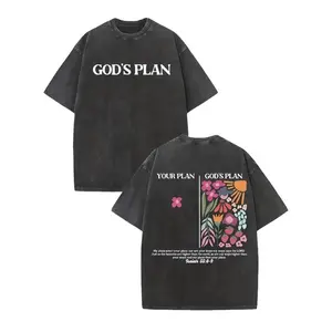Men's 200g Cotton T-Shirt with Dual-Sided Inspirational "God's Plan" Print & Floral Design - Loose Fit Streetwear, Machine Washable, All-Season Casual Tee for Outdoor Adventures, Gift for Family Friends Colleagues, Knit Fabric Shirt