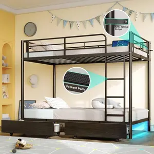 Metal Bunk   Over   USB Charging Station, LED Bunk   2 Storage Drawers,   Safety Guardrail & Ladders, No Box Spring Needed, Easy Assembly Twin with Queen Size Floor Bed Primed "T" Style DIY Barn Door