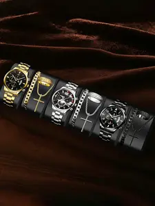Men's Fashion Business Watch Set, Includes Pendant Necklace Bracelet Ring, Multiple Colors, Perfect Gift for Daily Party Birthday