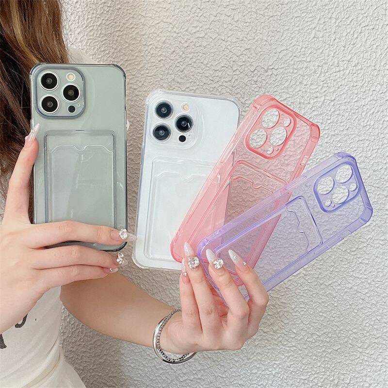Clear Shockproof Wallet Phone Case Card Slot Card Holder for iPhone 11-17 Pro Max Plus Air, Slim Soft TPU Protective Cover Cute Card Pocket Design Gift