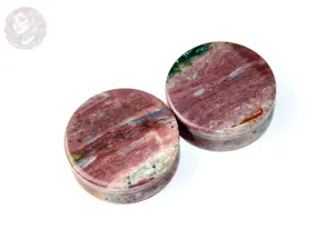 Natural Stone Ear Gauges Pair - Pink and Purple Orbicular Jasper Double Flare Plugs Earrings Set, Fashion Body Jewelry Accessory