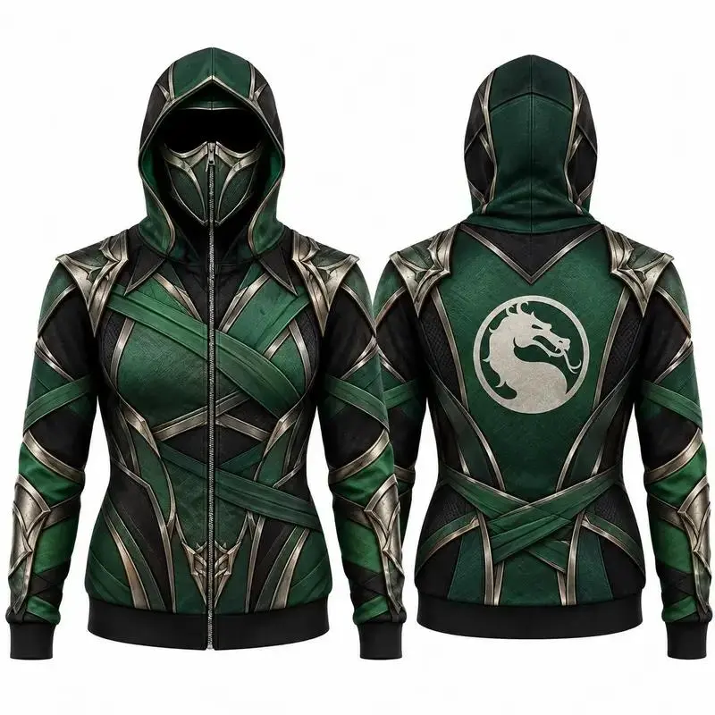 Ninja Cosplay Balaclava Hoodie, Built In Mask Full Zip Dragon Graphic Jacket, 3D Armor Print Streetwear Sweatshirt for Men Women