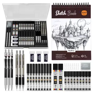 Nicpro Art Drawing Supplies Kit, Art Mechanical Pencil Set with 6 Metal Drafting Pencil 0.5 & 0.7 & 0.9 & 2mm, 100 Sheets 9 x 12'' Sketch Book, 20 Tube Lead Refills for Sketching