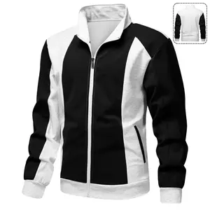 Men's black and white contrasting color stand-up collar cardigan jacket, trendy casual sports zipper sweater