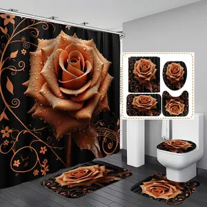 1/3/4PCS Ornate styled orange brown rose with water droplets Shower Curtain Set with Rugs, Non Slip Bath Mat, U-Shape Carpet, Toilet Lid Cover, Polyester Fabric Bathtub Curtain Accessories, 12 Hooks, Home Bathroom Supplies Festival Decor