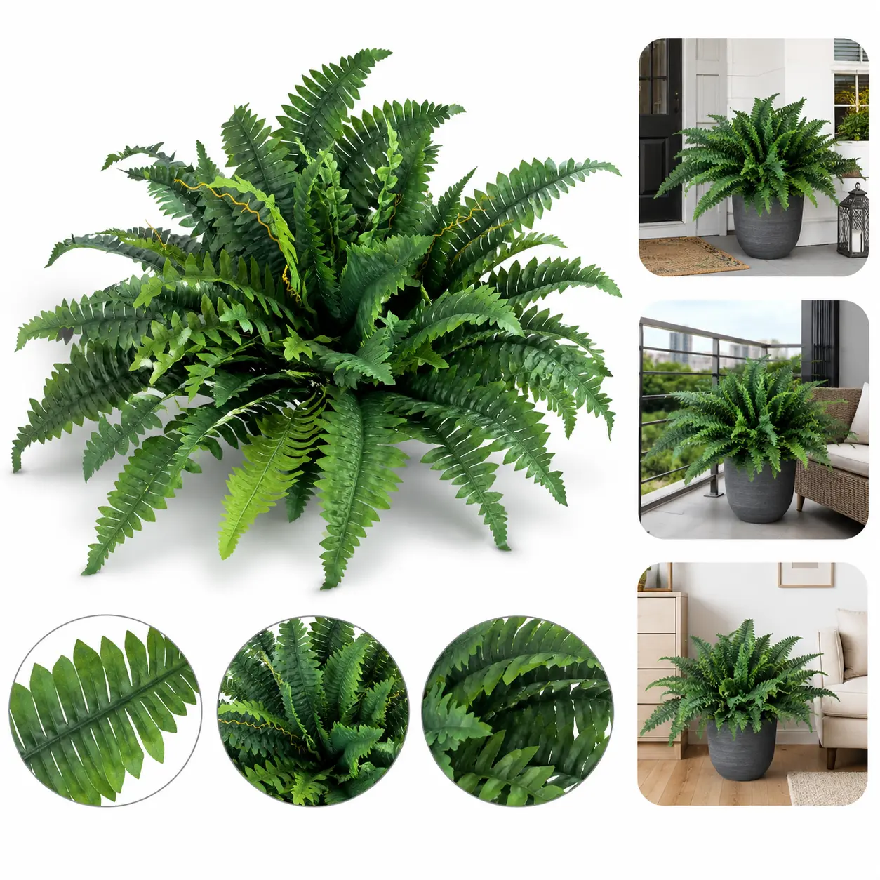 Artificial Boston Fern, Lush Faux Greenery Plant, UV Resistant Indoor Outdoor Decor for Porch, Patio, Balcony & Garden