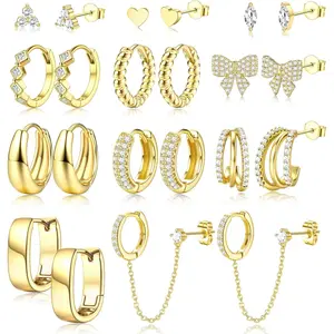 Women's 11-Pair Golden Small Hoop Stud Set, Chunky Stainless Steel Huggies with Metal Coating, Trendy Hypoallergenic Pieces for Multiple Cartilage Piercings, Chunky Hoops, Multiple Piercings