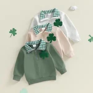 Kupretty Toddler Baby Boy St. Patrick's Day Tops Cute Irish Shamrock Embroidery Long Sleeve Half Zip Tops Pullover Sweatshirt 6M-4Y
