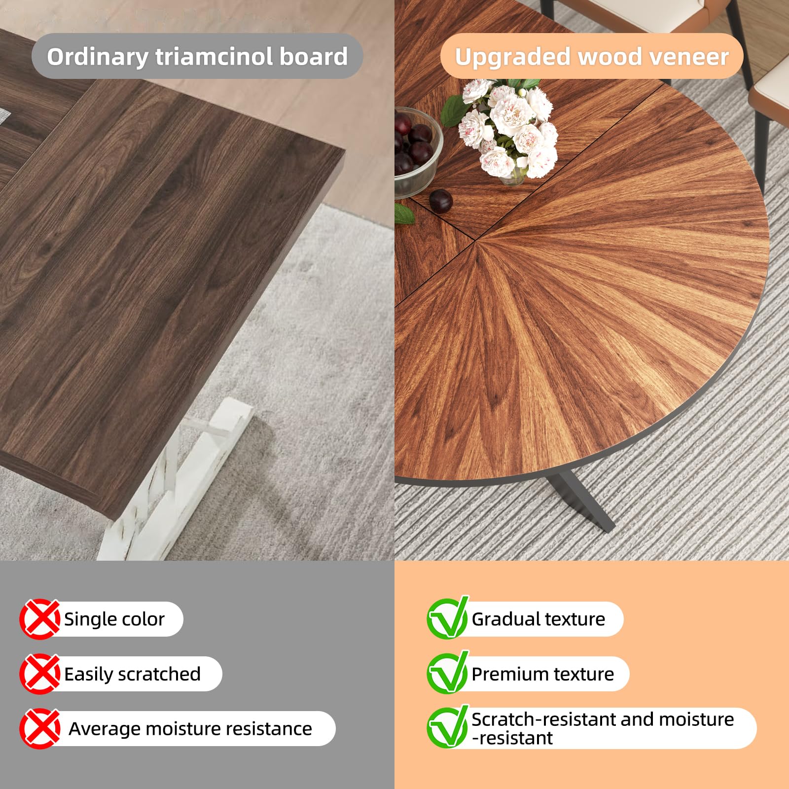 47.2"-63" Extendable Round Dining Table for 4-6, Modern Farmhouse Kitchen Oval Dining Table with Removable Leaves Space Saving, Expandable Table, Solid Wood Tabletop & Metal Frame, Walnut Dining Room Furniture