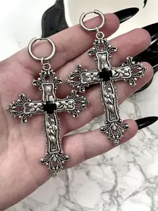 Gothic Style Cross Design Dangle Earrings, Studded Cross Earrings, Punk Style Jewelry for Party, Daily Clothing Decor, Trendy All-match & Exquisite Jewelry for Birthday Gift