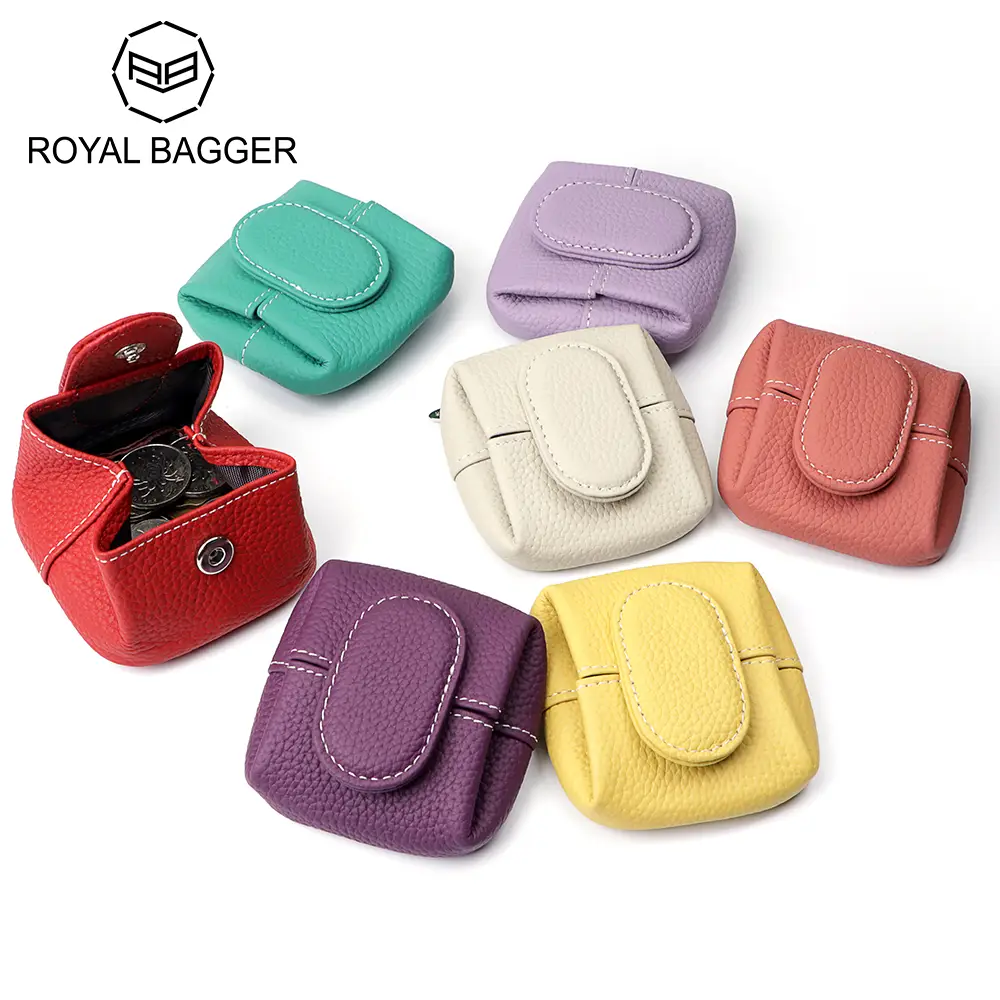 Royal Bagger Mini Lychee Pattern Coin Purse, Solid Color Buckle Key Earphone Storage Bag, Casual Change Pouch for Daily Use 1603