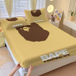 BAPE Cream Ape Head Fitted Sheet Set with 2 Pillow Covers No Filler, Cream Yellow Base Color with Classic Ape Head Image, Soft Anti-Slip Anti-Wrinkle Bedding, Simple Warm Trendy Bedroom Decor for Fans Bedsheet Sets