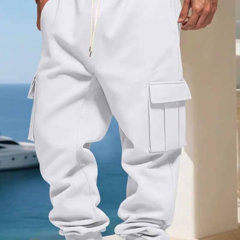 Men's Loose Fit Fleece Lined Cargo Plain Pants, Casual Outdoor Sport Workwear Sweatpants, Fall & Winter American Style Thickened Joggers