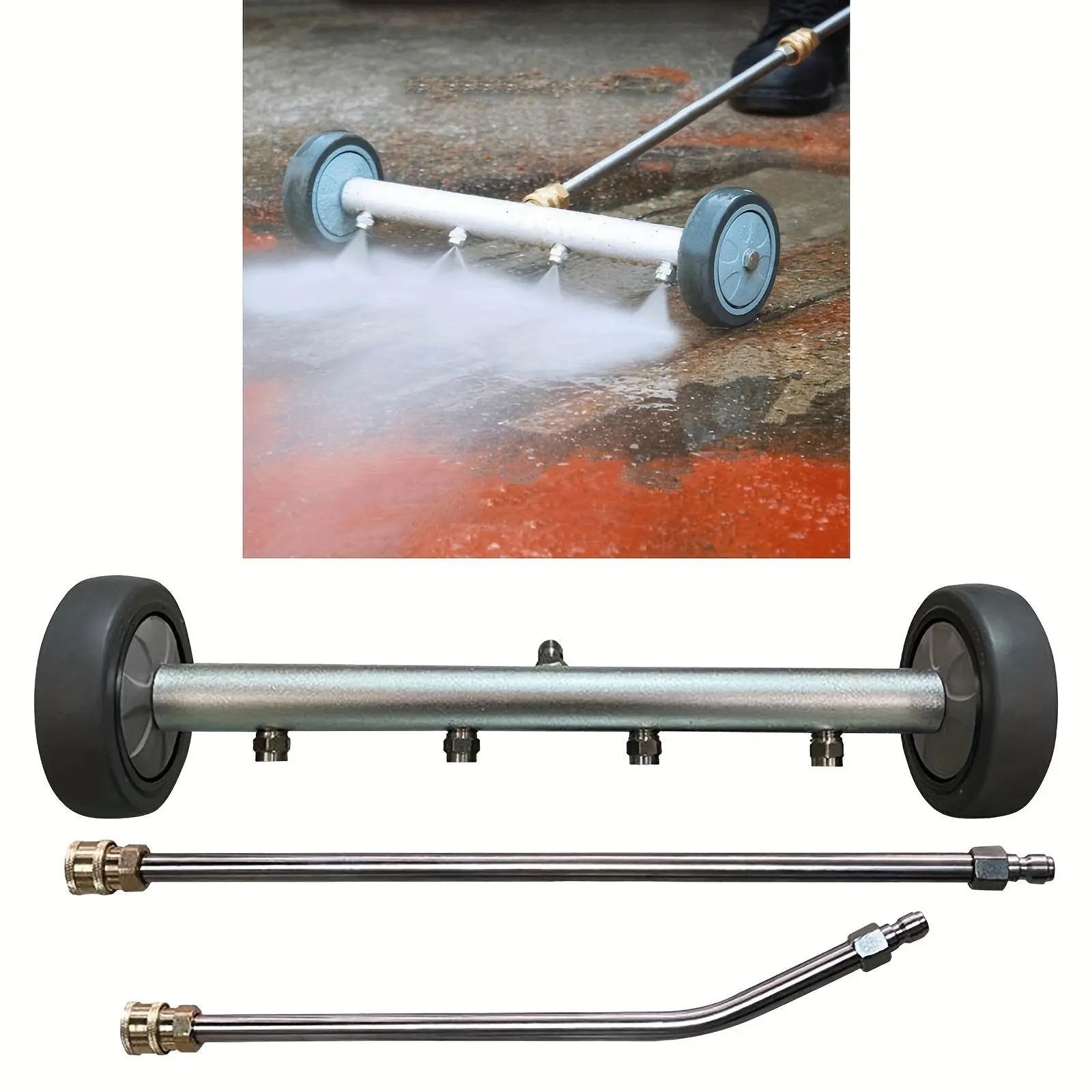 Pressure Washer Undercarriage Cleaner Attachment - Durable Aluminum & Brass Construction, Car Deep Cleaning Tool with 2 Extension Wands, Rolling Wheels, 4000 PSI Automotive Exterior Under Car Chassis Water Broom