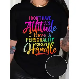 Women'S Casual Crew Neck T-Shirt - 100% Polyester Knit Fabric with "I Don't Have an Attitude" Quote, Breathable & Stretchy, Regular Length, All-Season Wear