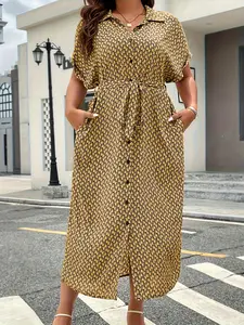 Plus Size Geometric Print Shirt Dress, Short Sleeve Button Front Waistcoat Long Skirt, Casual Elegant Style, Multiple Colors Available