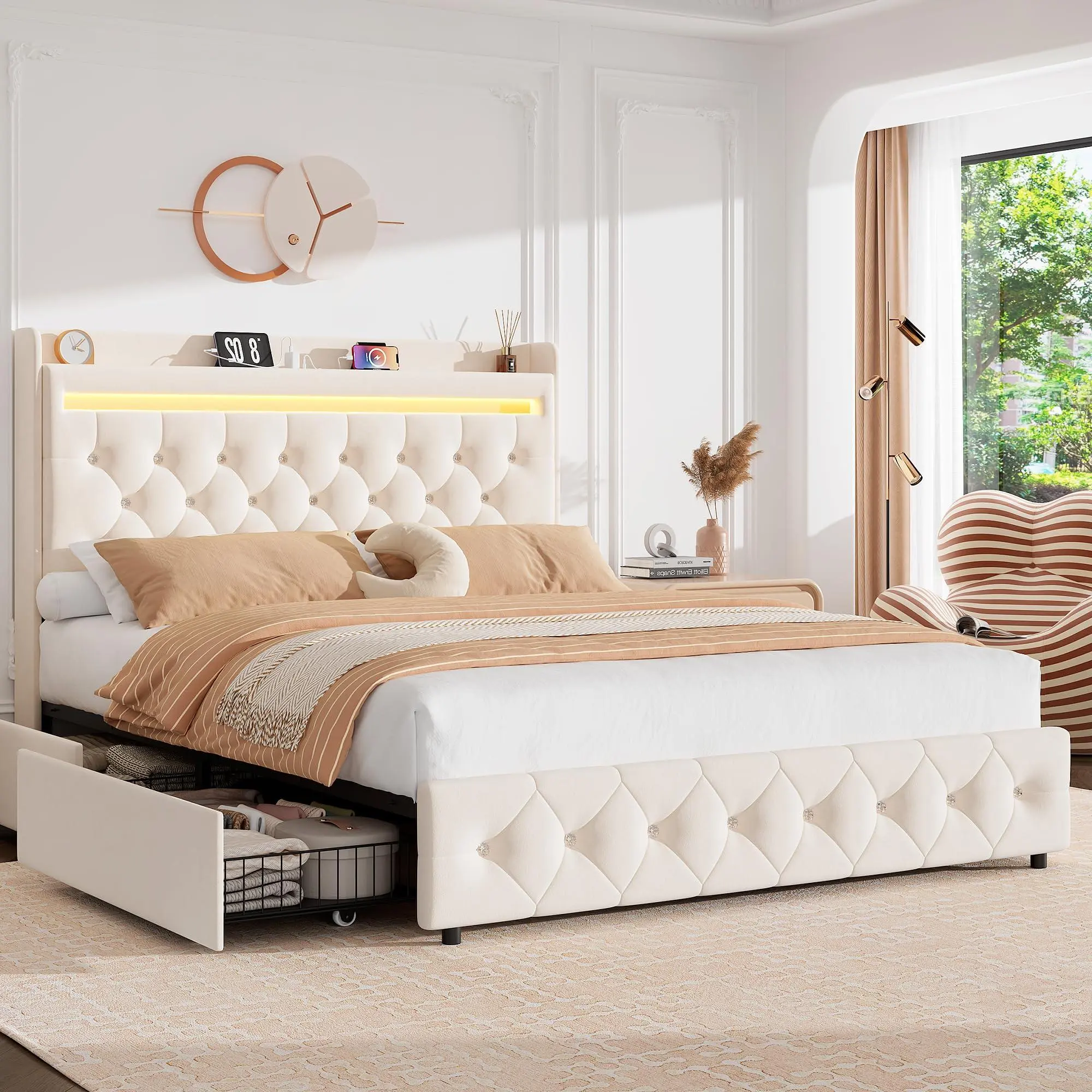 Gaomon Modern Full Size White Upholstered Bed Frame - Heavy-Duty Steel Frame with Storage Headboard, RGB LED Lights, 2 AC Outlets, USB-C Charging Station, 2 Under-Bed Fabric Drawers, 1200 Lbs Capacity, No Box Spring Needed for Bedroom