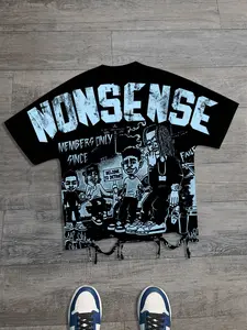 Nonsense slogan ripped hole short sleeved T-shirt for both men and women loose fit European and American street fashion trend brand men's T-shirt 2026 dirty braid cartoon men's printed shirt short sleeved rapper summer T-shirt Y2K style