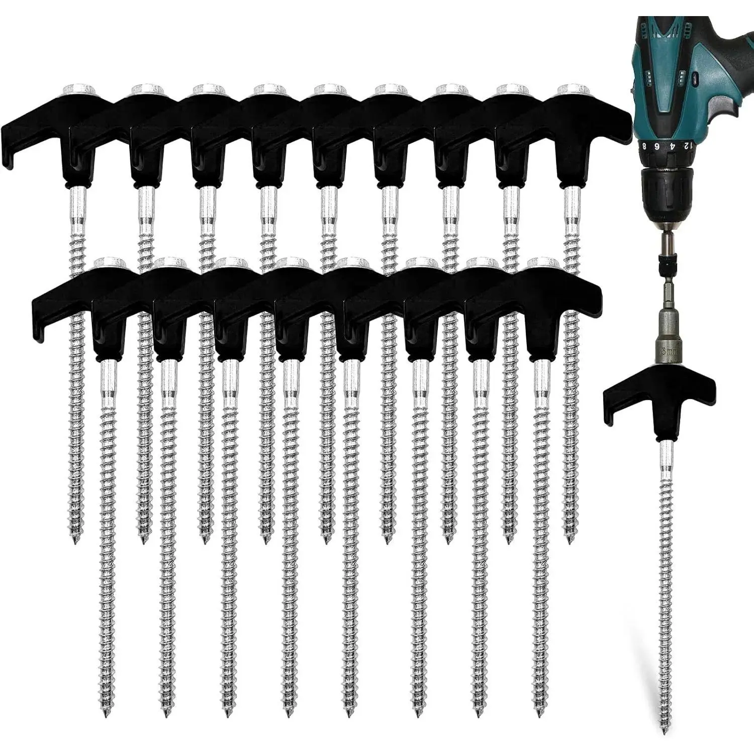 20 Pack Screw in Tent Stakes, 8 Inch Heavy Duty Ground Anchors with Hex Head Drillable Tent Pegs Camping Stakes for Patio, Garden, Canopies, Grassland, Outdoor (Black) Easy Setup Tent Windproof Portable Tent